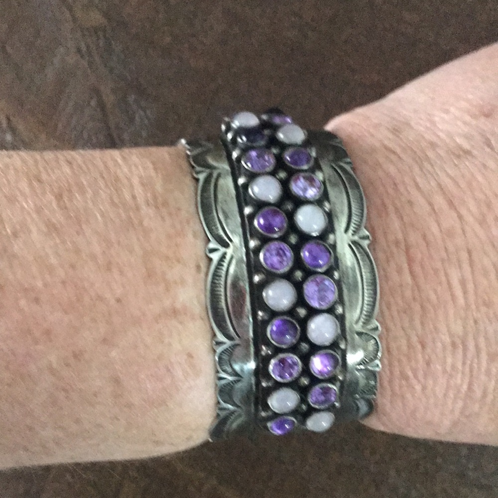 vintage sterling designer El Tom purple stone native american cuff bracelet - Picture 10 of 12
